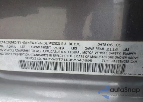 2005 Volkswagen Jetta Tdi z USA, uszkodzony, nr VIN 3VWST71K05M647895